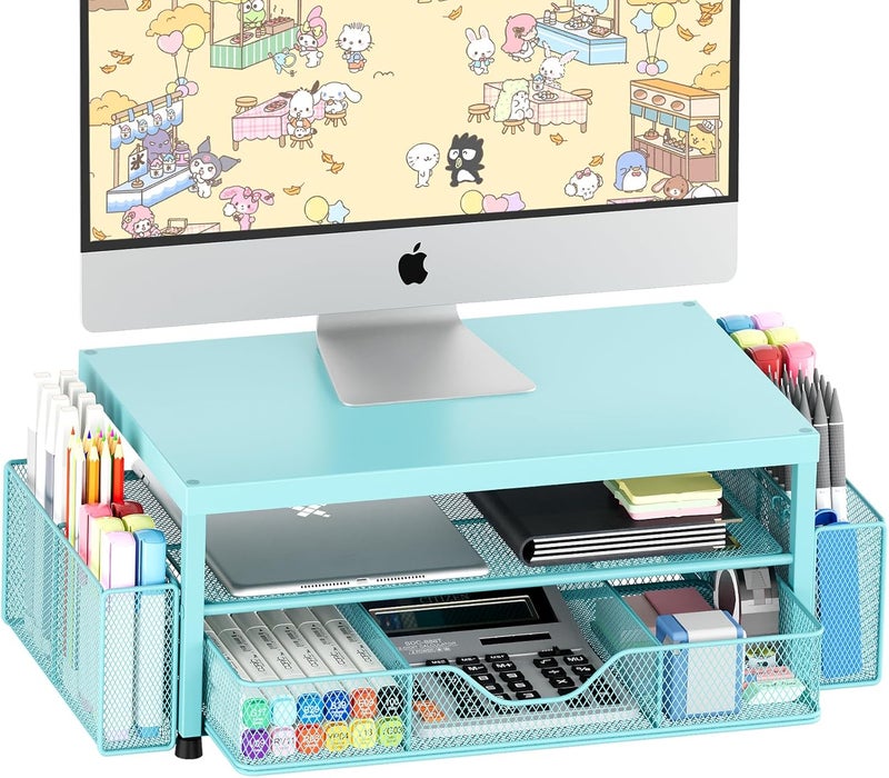 OPNICE Desk Organizers and Accessories, 2-Tier Computer Monitor Stand Riser with Drawer and 2 Pen Holders, Laptop Stand, Office Desk Accessories for Office Supplies, Teal Blue - Image 1